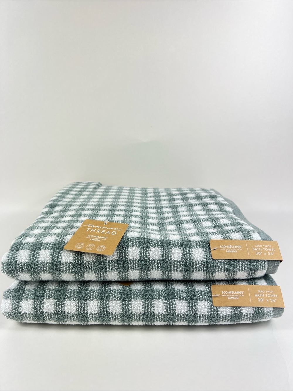 Common Thread Bath Towels Light Green White Check Eco-Melange Bamboo 2 Pc NEW